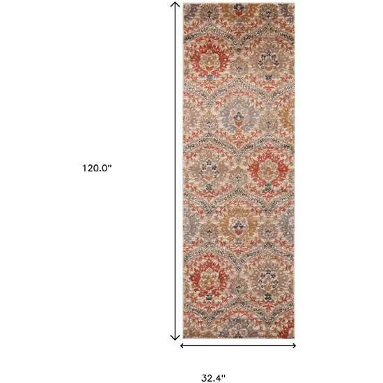 10' Ivory Orange And Gray Floral Stain Resistant Runner Rug Photo 5