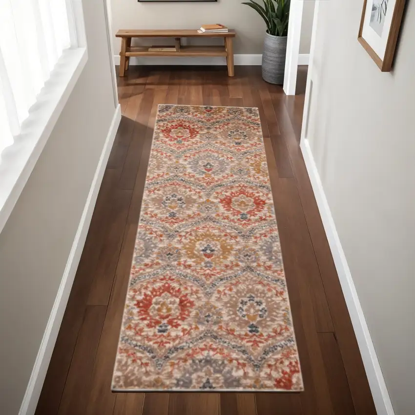 8' Orange And Ivory Floral Runner Rug Photo 1