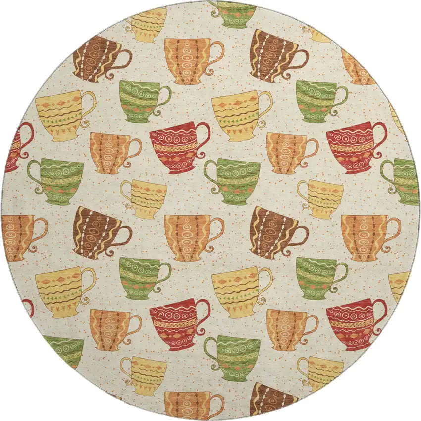 8' Ivory Orange And Green Geometric Washable Round Rug With UV Protection Photo 2