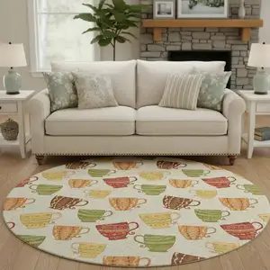 Photo of 8' Ivory Orange And Green Geometric Washable Round Rug With UV Protection