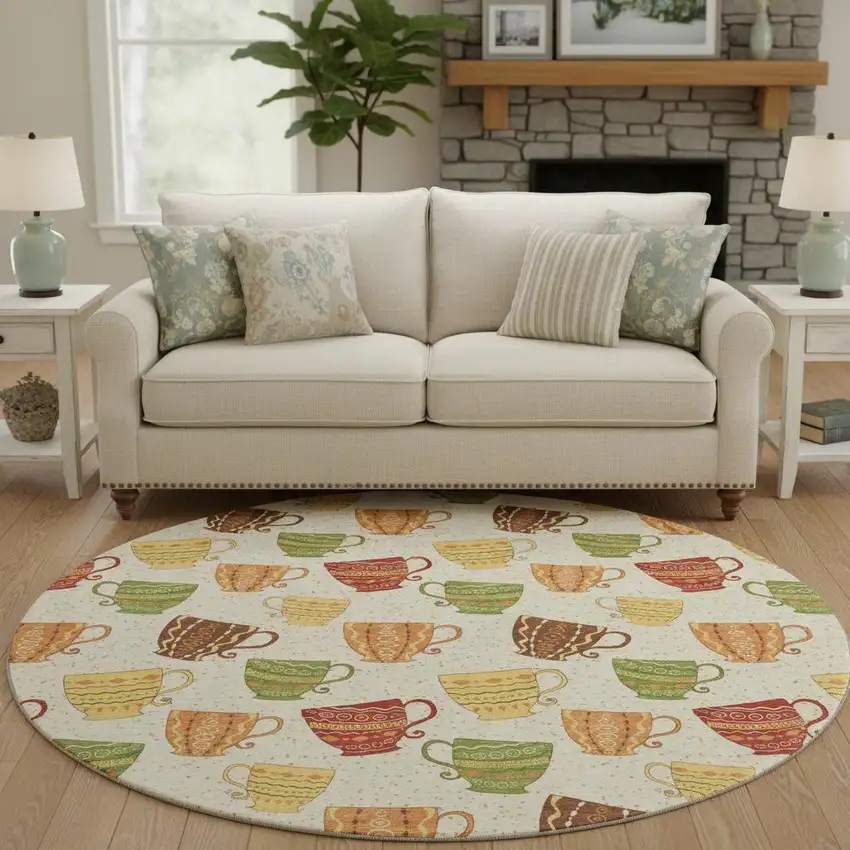 8' Ivory Orange And Green Geometric Washable Round Rug With UV Protection Photo 1