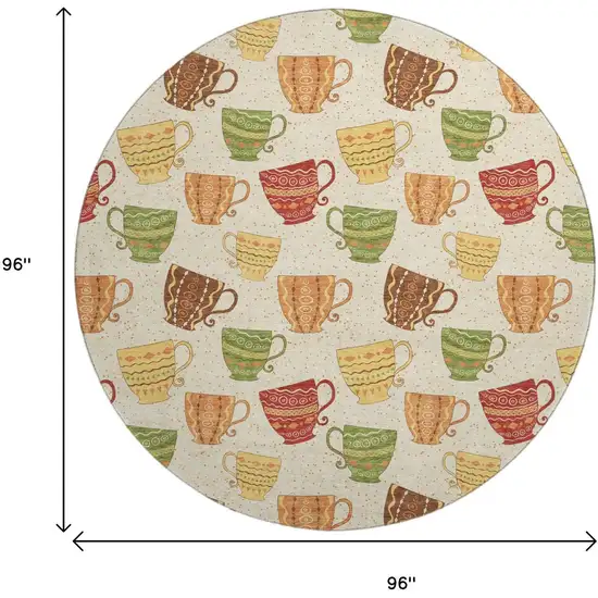 8' Ivory Orange And Green Geometric Washable Round Rug With UV Protection Photo 3