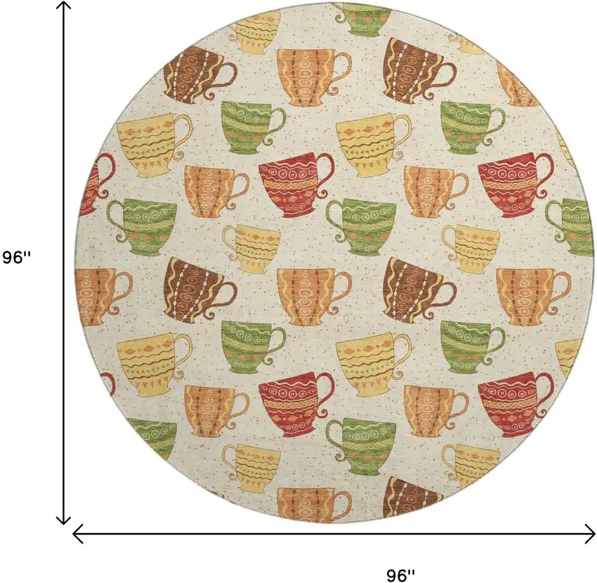 8' Ivory Orange And Green Geometric Washable Round Rug With UV Protection Photo 3