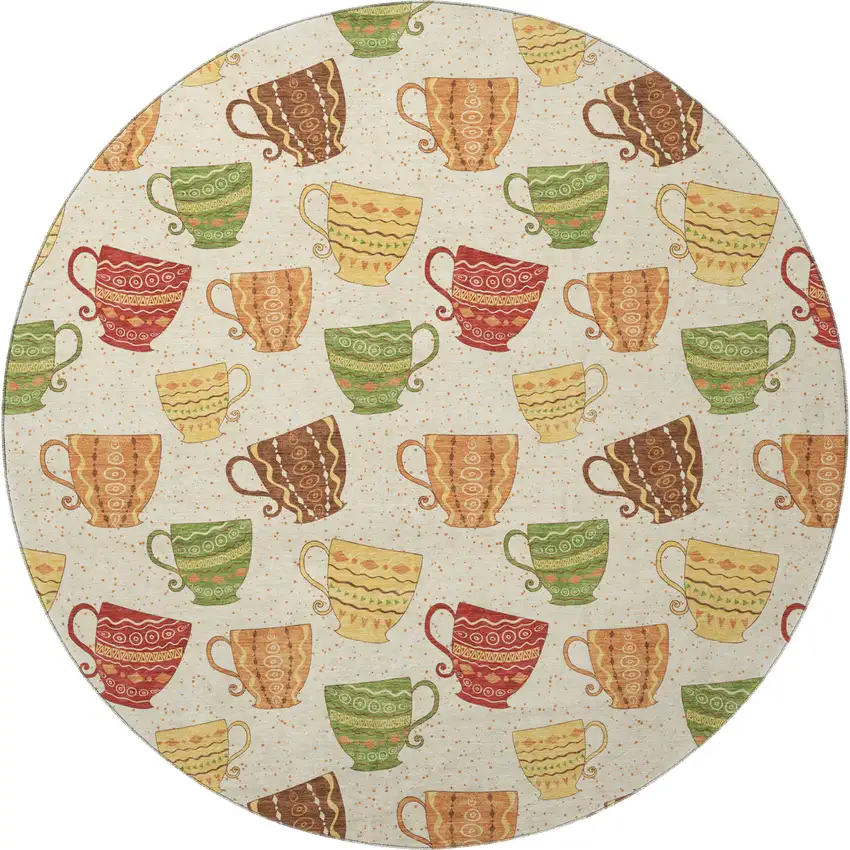 8' Ivory Orange And Green Geometric Washable Round Rug With UV Protection Photo 4