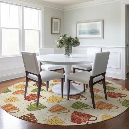 8' Ivory Orange And Green Geometric Washable Round Rug With UV Protection Photo 5