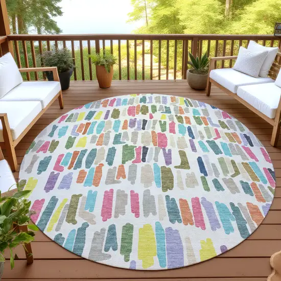 8' Ivory Orange And Green Round Striped Washable Indoor Outdoor Area Rug Photo 4