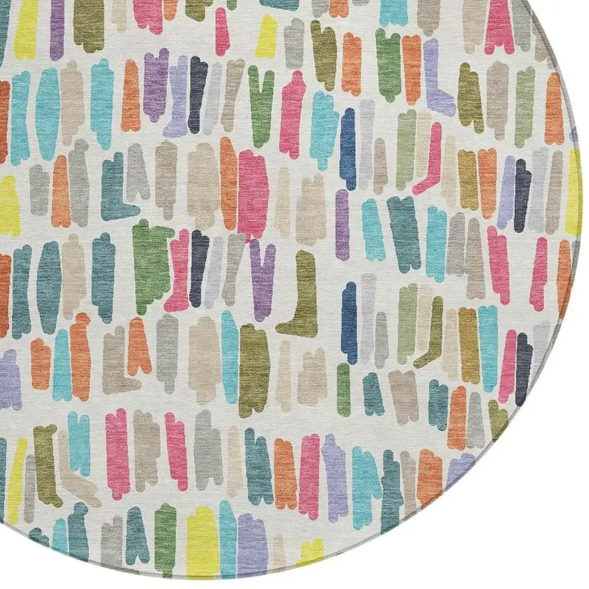 8' Ivory Orange And Green Round Striped Washable Indoor Outdoor Area Rug Photo 2