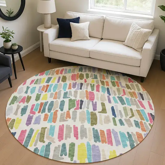 8' Ivory Orange And Green Round Striped Washable Indoor Outdoor Area Rug Photo 5