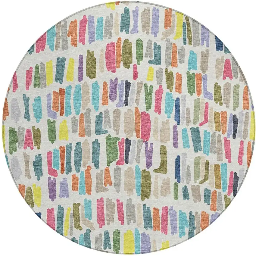 8' Ivory Orange And Green Round Striped Washable Indoor Outdoor Area Rug Photo 3