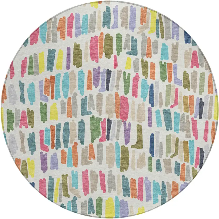 8' Ivory Orange And Green Round Striped Washable Indoor Outdoor Area Rug Photo 1