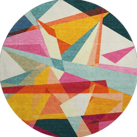 8' Ivory Orange And Pink Geometric Washable Round Rug With UV Protection Photo 3