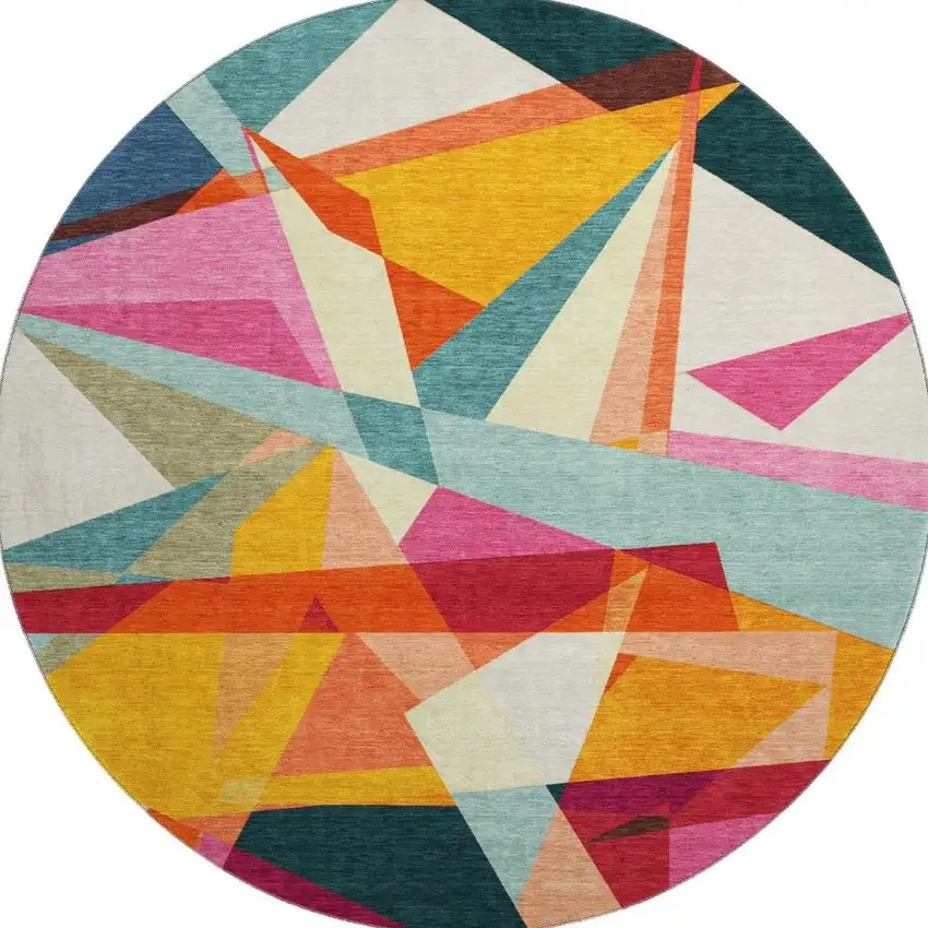 8' Ivory Orange And Pink Geometric Washable Round Rug With UV Protection Photo 3