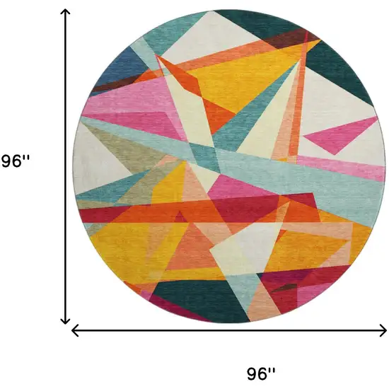 8' Ivory Orange And Pink Geometric Washable Round Rug With UV Protection Photo 9