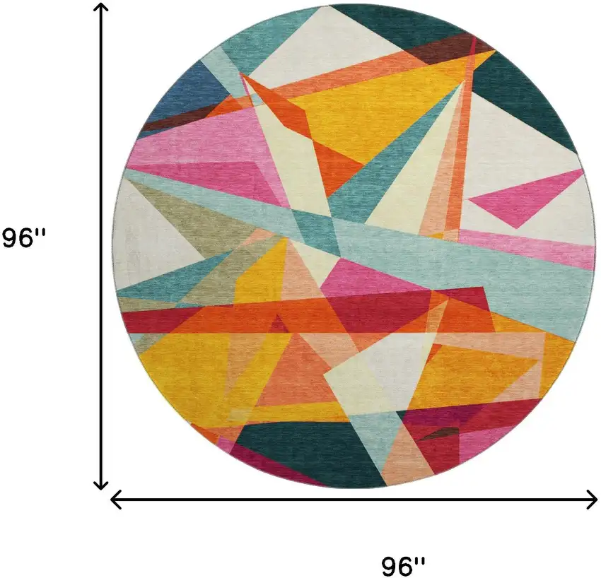 8' Ivory Orange And Pink Geometric Washable Round Rug With UV Protection Photo 9