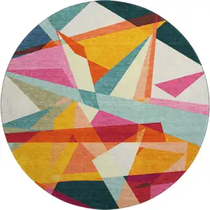 Photo of 8' Ivory Orange And Pink Geometric Washable Round Rug With UV Protection