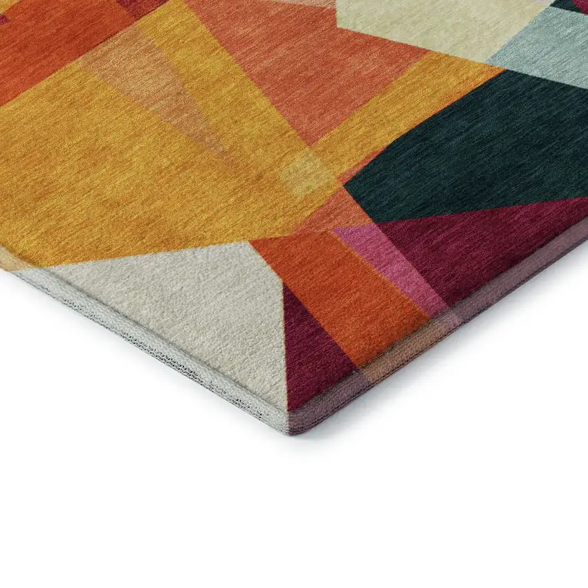 8' Ivory Orange And Pink Geometric Washable Round Rug With UV Protection Photo 6