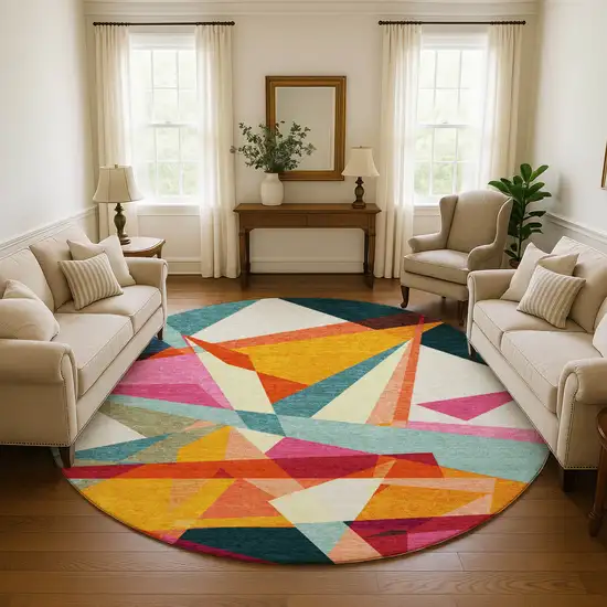 8' Ivory Orange And Pink Geometric Washable Round Rug With UV Protection Photo 4