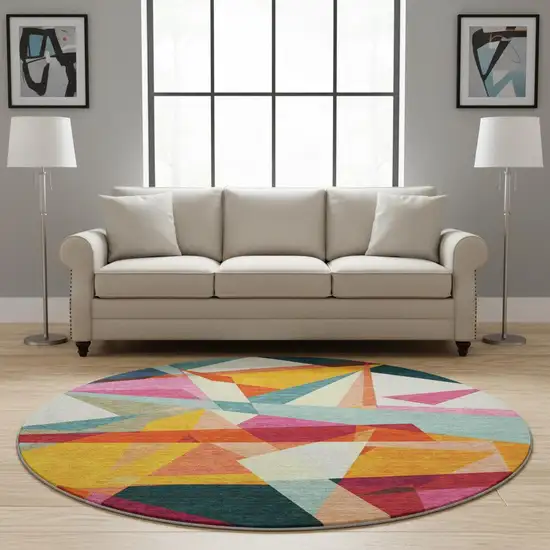 8' Ivory Orange And Pink Geometric Washable Round Rug With UV Protection Photo 2