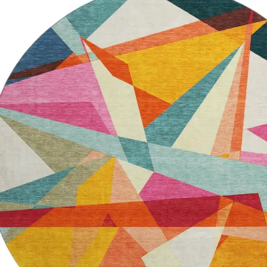 8' Ivory Orange And Pink Geometric Washable Round Rug With UV Protection Photo 2