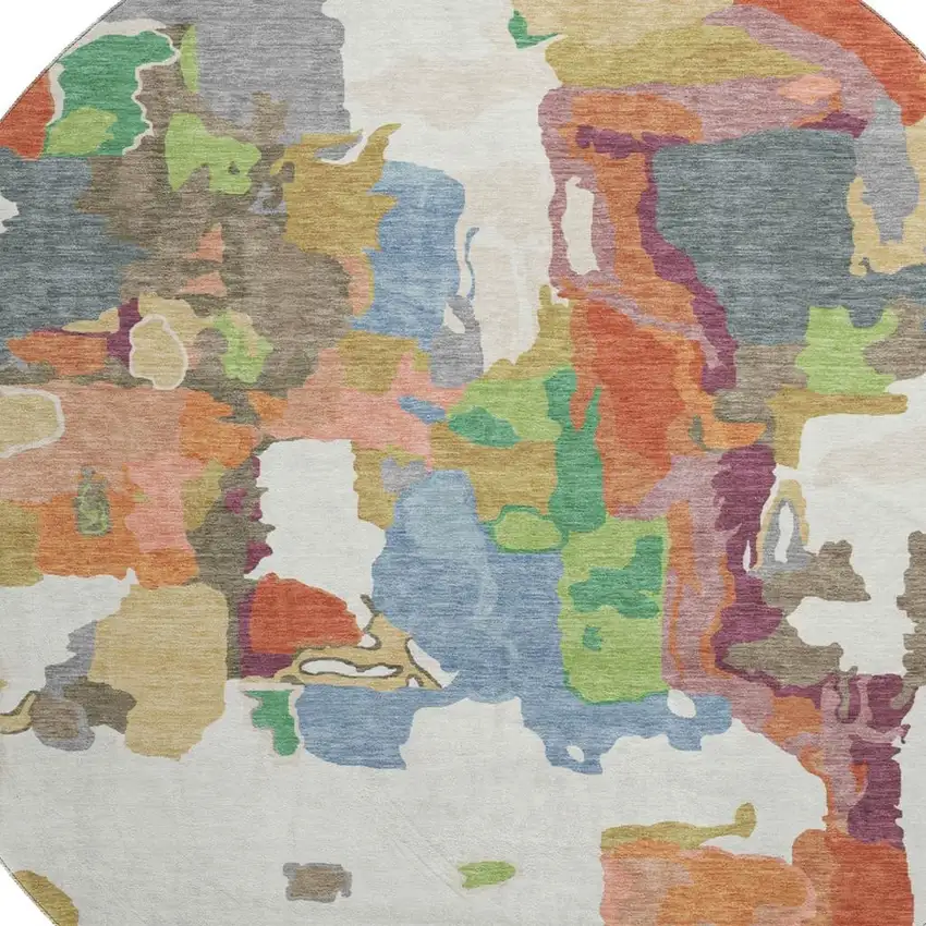 8' Ivory Orange Blue And Green Abstract Washable Round Rug With UV Protection Photo 2