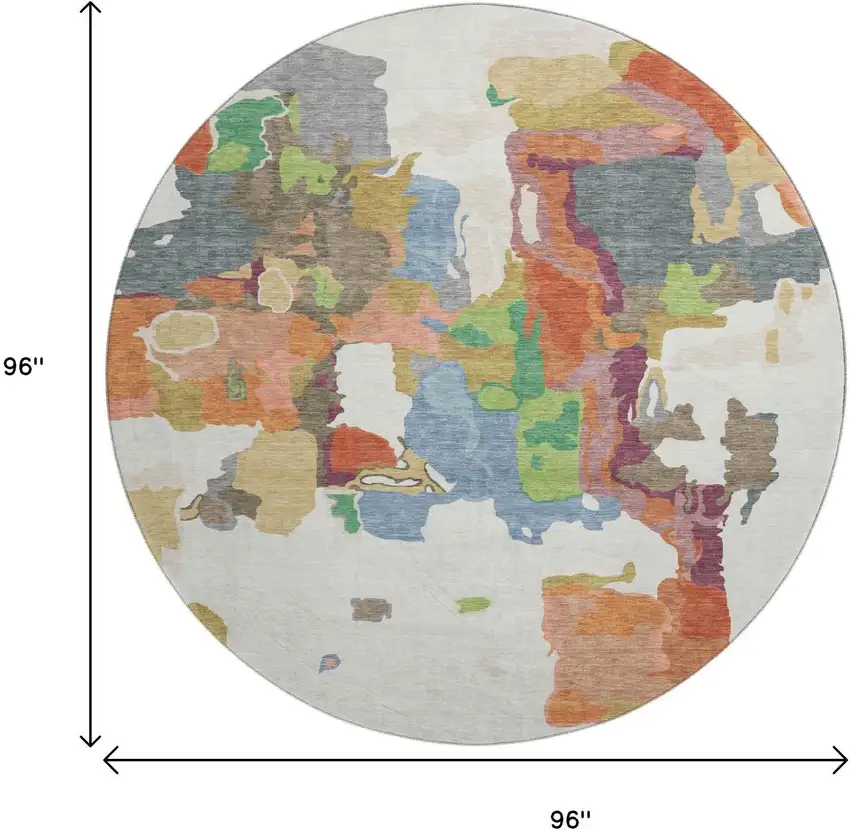 8' Ivory Orange Blue And Green Abstract Washable Round Rug With UV Protection Photo 9