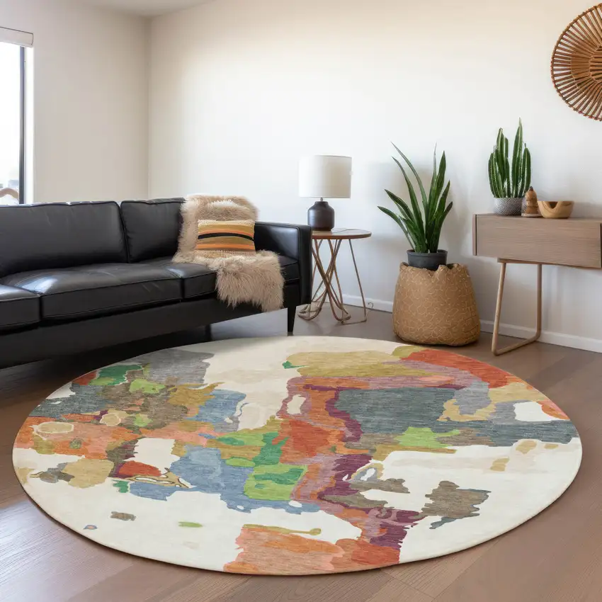 8' Ivory Orange Blue And Green Abstract Washable Round Rug With UV Protection Photo 4