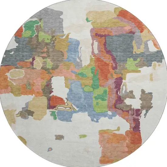 8' Ivory Orange Blue And Green Abstract Washable Round Rug With UV Protection Photo 3