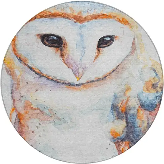 8' Ivory Orange Charcoal And Blue Round Owl Washable Indoor Outdoor Area Rug Photo 5