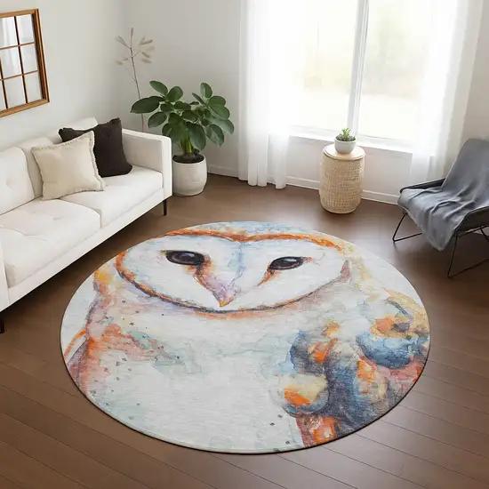 8' Ivory Orange Charcoal And Blue Round Owl Washable Indoor Outdoor Area Rug Photo 9