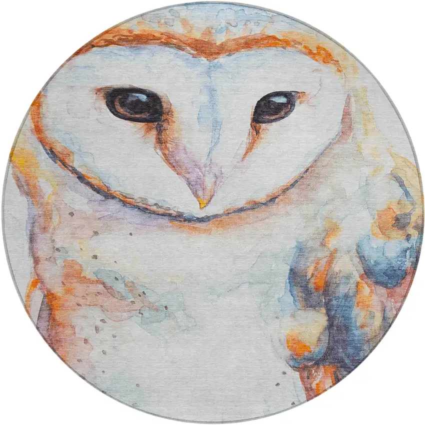 8' Ivory Orange Charcoal And Blue Round Owl Washable Indoor Outdoor Area Rug Photo 2