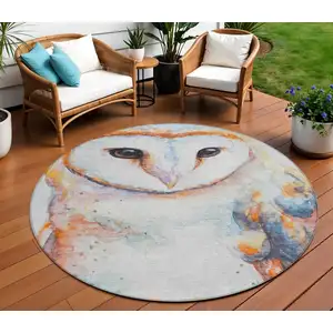 Photo of 8' Ivory Orange Charcoal And Blue Round Owl Washable Indoor Outdoor Area Rug