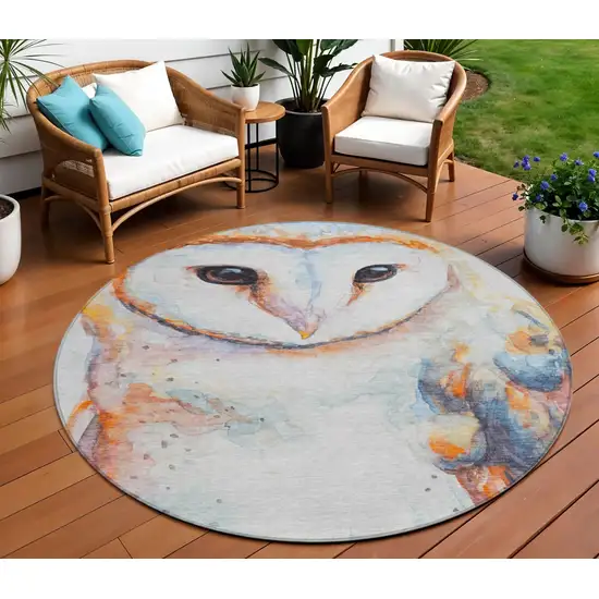 8' Ivory Orange Charcoal And Blue Round Owl Washable Indoor Outdoor Area Rug Photo 1