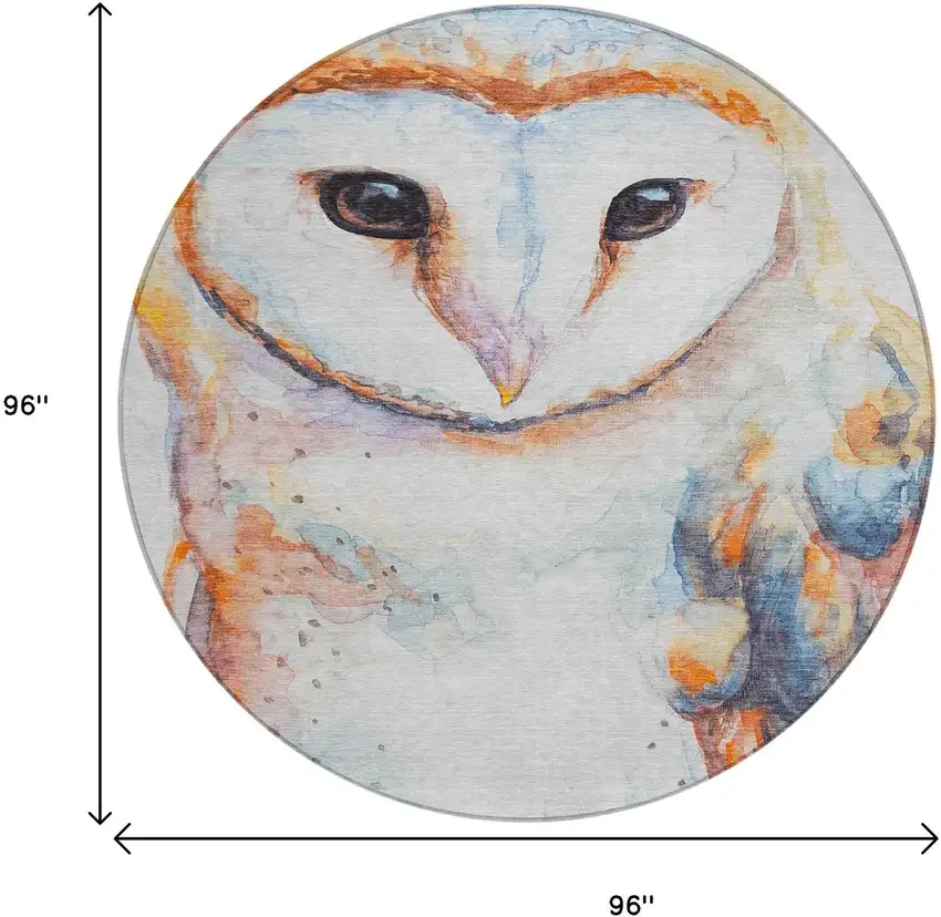 8' Ivory Orange Charcoal And Blue Round Owl Washable Indoor Outdoor Area Rug Photo 9