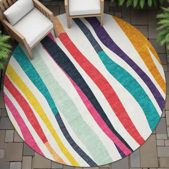 8' Ivory Orange Pink And Teal Blue Round Striped Washable Indoor Outdoor Area Rug Photo 6