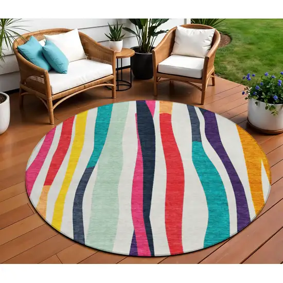 8' Ivory Orange Pink And Teal Blue Round Striped Washable Indoor Outdoor Area Rug Photo 2