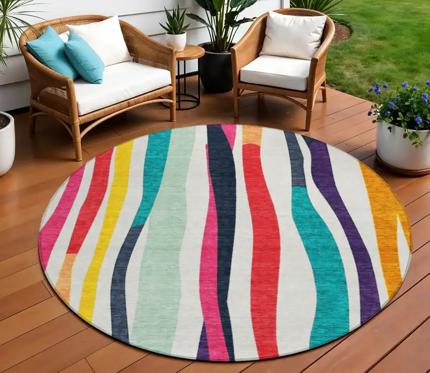 8' Ivory Orange Pink And Teal Blue Round Striped Washable Indoor Outdoor Area Rug Photo 2