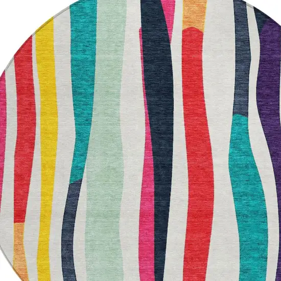 8' Ivory Orange Pink And Teal Blue Round Striped Washable Indoor Outdoor Area Rug Photo 5
