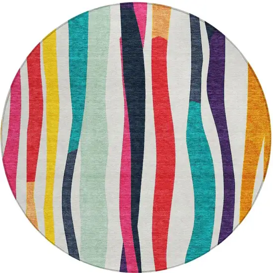 8' Ivory Orange Pink And Teal Blue Round Striped Washable Indoor Outdoor Area Rug Photo 3
