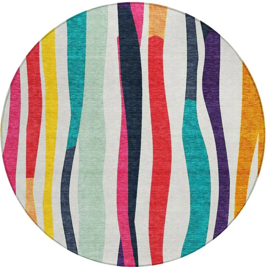 8' Ivory Orange Pink And Teal Blue Round Striped Washable Indoor Outdoor Area Rug Photo 3