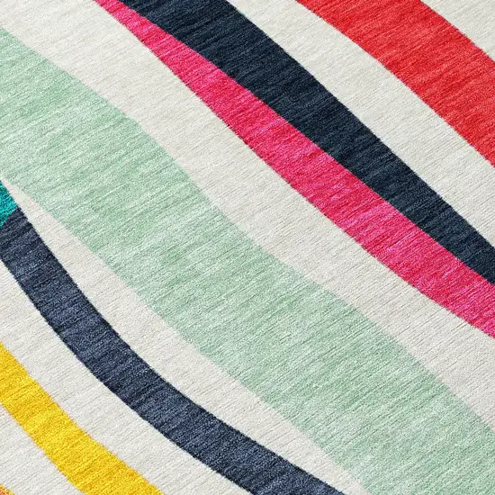 8' Ivory Orange Pink And Teal Blue Round Striped Washable Indoor Outdoor Area Rug Photo 9