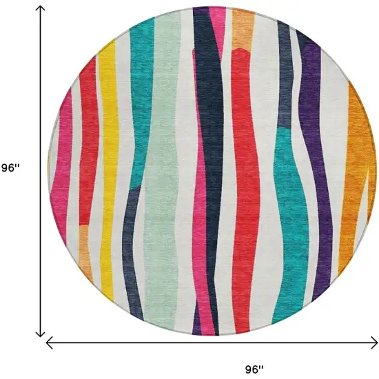 8' Ivory Orange Pink And Teal Blue Round Striped Washable Indoor Outdoor Area Rug Photo 8