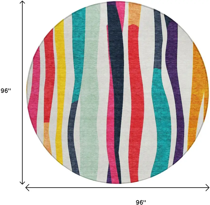 8' Ivory Orange Pink And Teal Blue Round Striped Washable Indoor Outdoor Area Rug Photo 8
