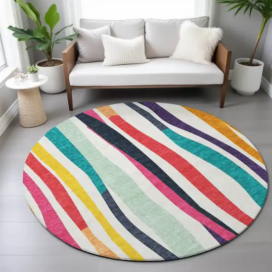 8' Ivory Orange Pink And Teal Blue Round Striped Washable Indoor Outdoor Area Rug Photo 7