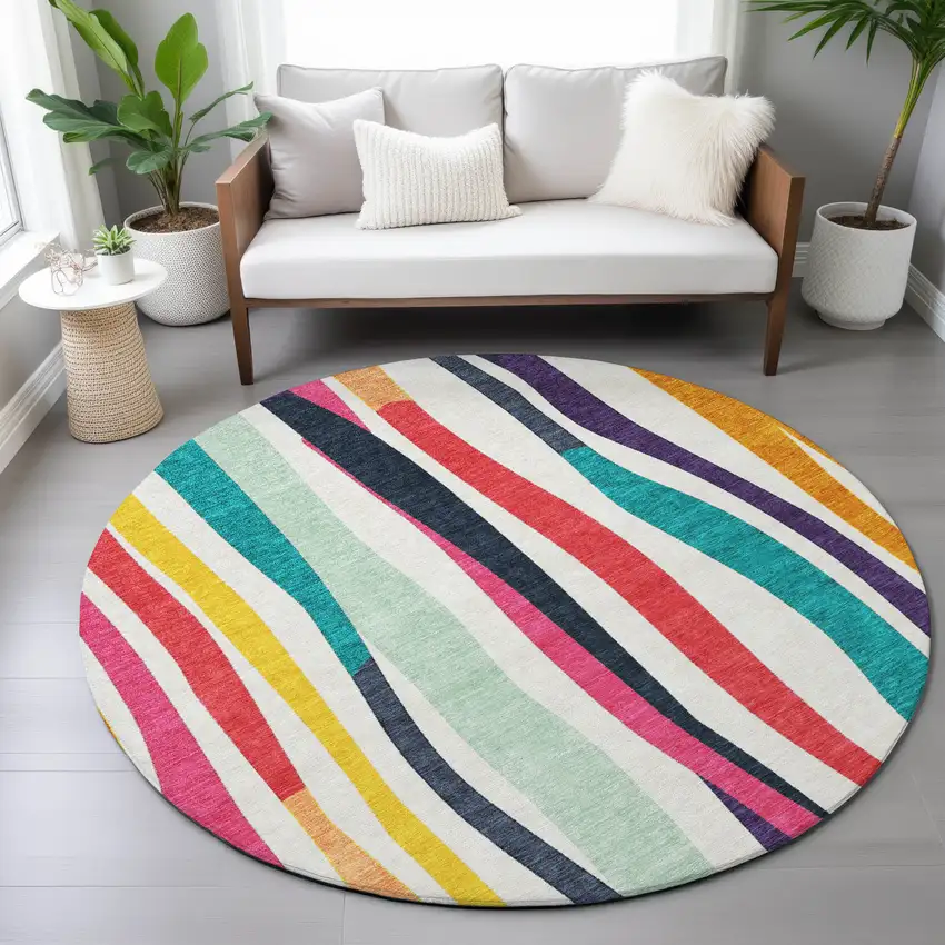 8' Ivory Orange Pink And Teal Blue Round Striped Washable Indoor Outdoor Area Rug Photo 7