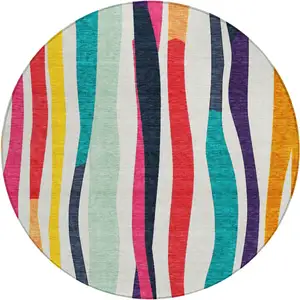 Photo of 8' Ivory Orange Pink And Teal Blue Round Striped Washable Indoor Outdoor Area Rug
