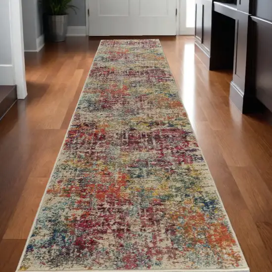 10' Ivory Orange and Pink Abstract Distressed Non Skid Runner Rug Photo 1