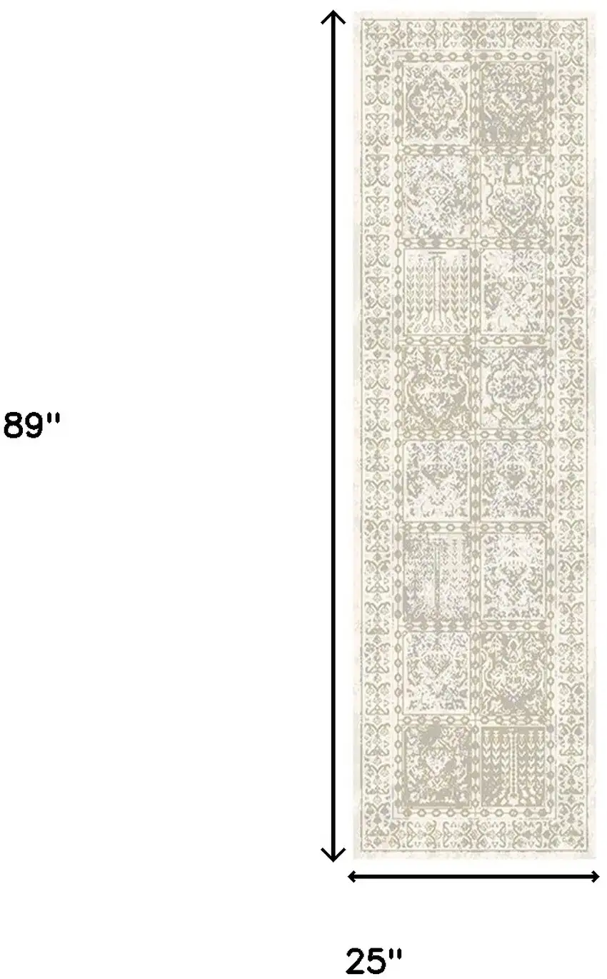8' Ivory Oriental Distressed Runner Rug With Fringe Photo 5