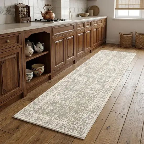 8' Ivory Oriental Distressed Runner Rug With Fringe Photo 1