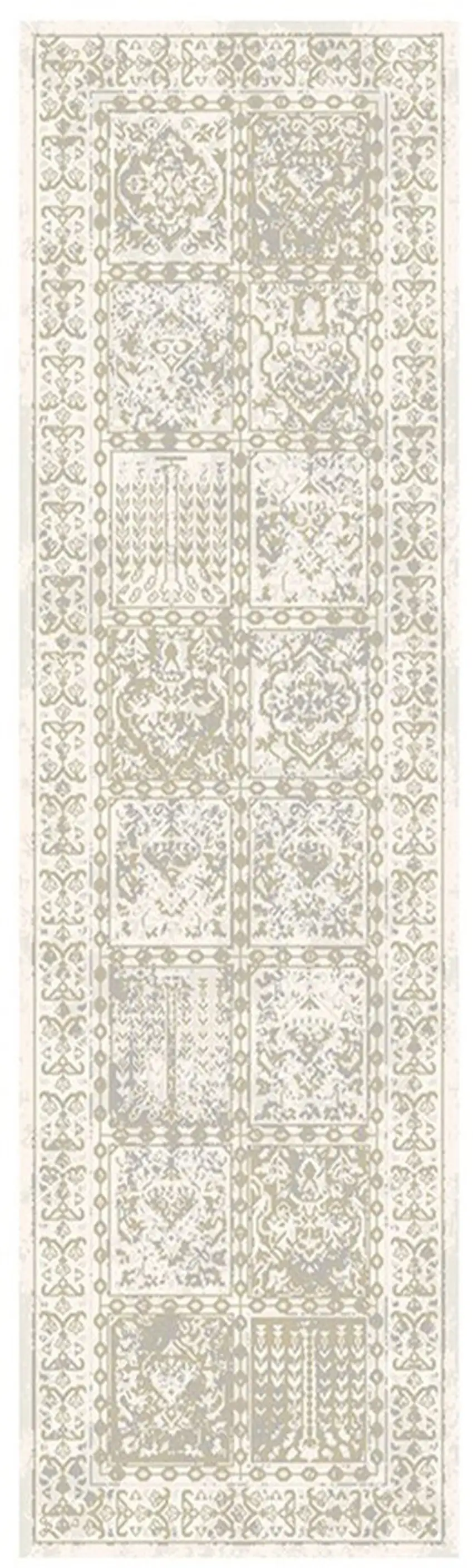 8' Ivory Oriental Distressed Runner Rug With Fringe Photo 2