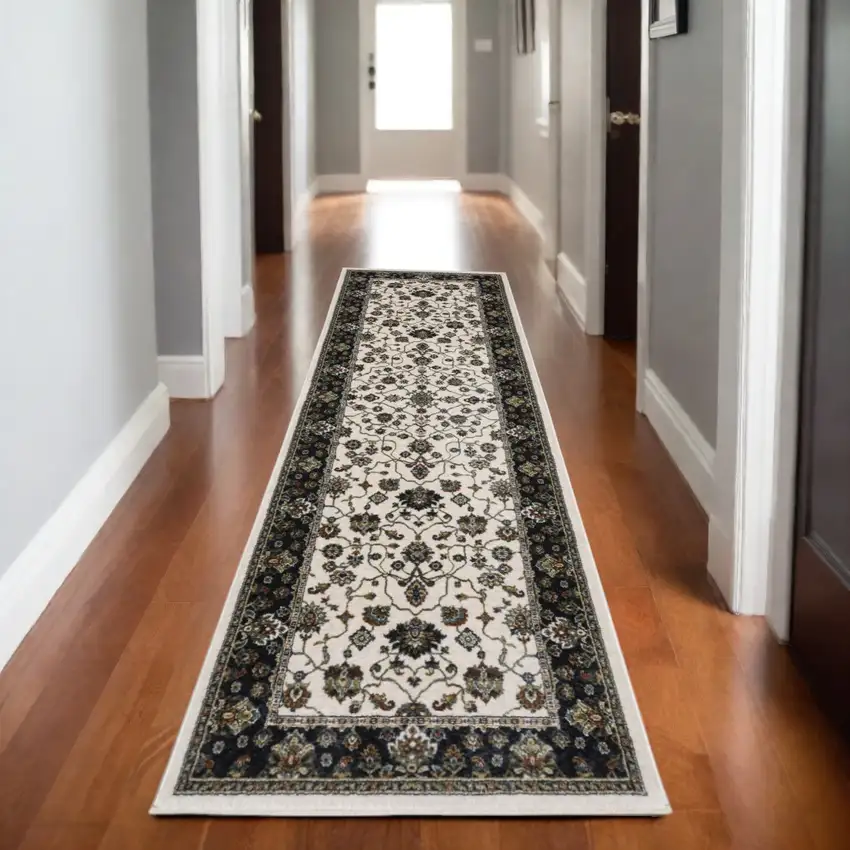 8' Ivory Oriental Runner Rug With Fringe Photo 1